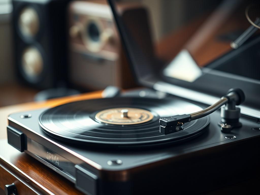 A hyper-realistic close-up shot of a vintage record player, showcasing its elegant design and intricate details. The background should be softly blurred to highlight the record player, with a warm color palette that complements the item and enhances its classic charm. The image should be shot with a 45mm f/1.2 lens to create a dreamy bokeh effect.