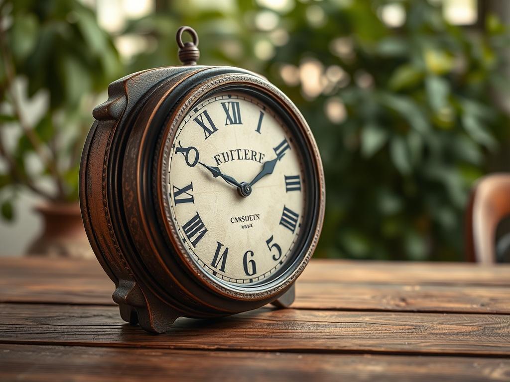 A close-up shot of a beautiful vintage wall clock with intricate details, placed on a rustic wooden table. The background features soft, blurred greenery, creating a warm and inviting atmosphere. The clock has a distressed finish, highlighting its character and charm. The image should be shot with a 45mm f/1.2 lens style, emphasizing the clock as the main subject, with a focus on texture and color.