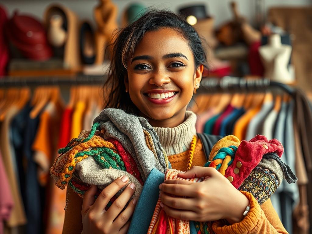 A close-up shot of a smiling individual holding various thrifted items, showcasing a diverse collection of colorful clothing and accessories. The background features a softly blurred thrift store environment, emphasizing the warmth and community spirit of the shop. The focus is on the person's joyful expression, capturing the essence of love and light, with a color palette harmonizing with rgb(29, 198, 181). The image should be rendered in hyper-realistic quality, shot with a 45mm f/1.2 lens.