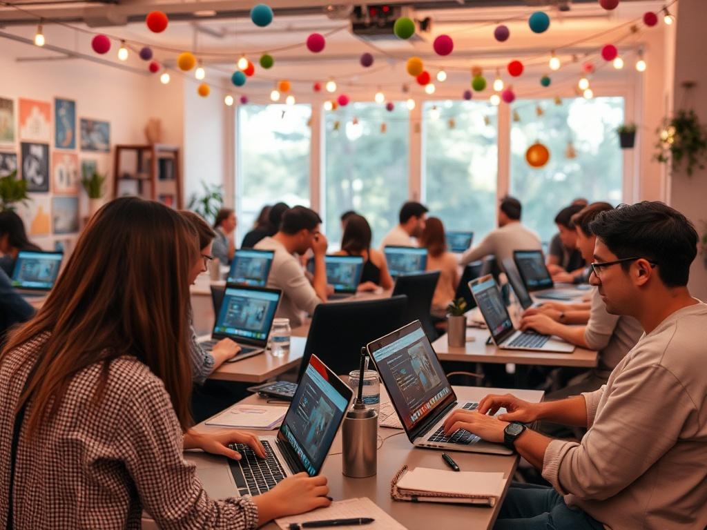 A creative workshop space filled with participants engaged in building