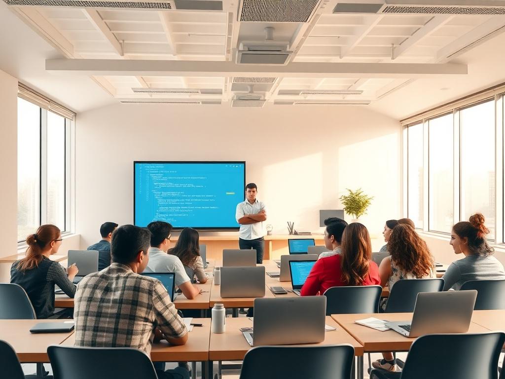 A group of diverse students engaged in an interactive coding workshop, sitting at laptops in a bright classroom. The instructor stands at the front, demonstrating on a large screen. Soft, natural light filters through large windows, creating a warm and inviting atmosphere. The students are focused, taking notes, and collaborating with each other, showcasing an environment of learning and teamwork.