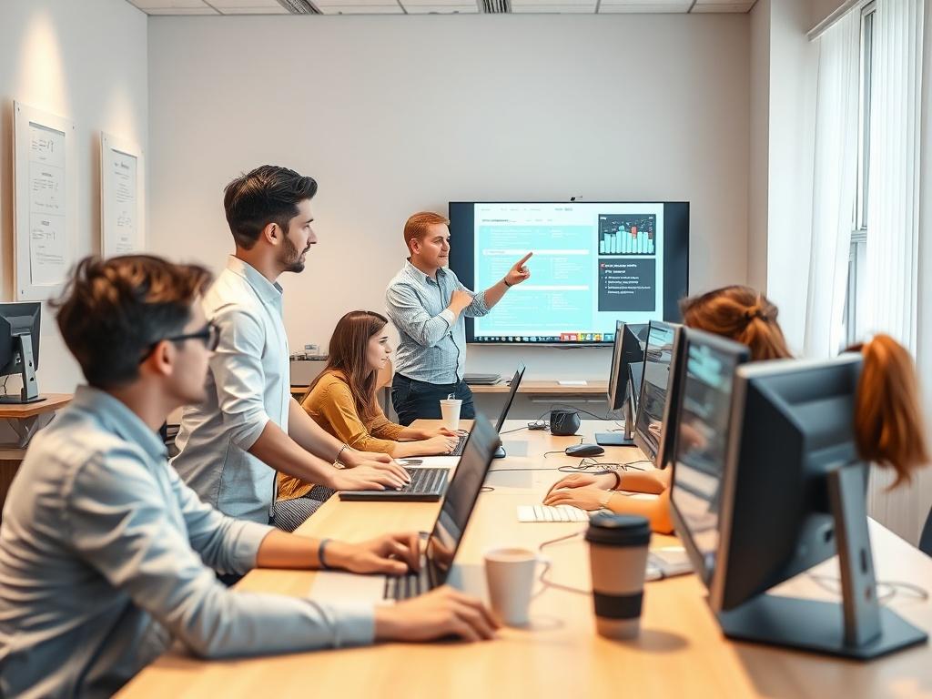 A hands-on tech training session in progress, featuring a small group of learners working on computers. An instructor guides them through a practical exercise, pointing to a screen with technical information. The environment is collaborative, with students actively asking questions and sharing insights. The room is equipped with modern technology, and the atmosphere is vibrant and focused on skill development.