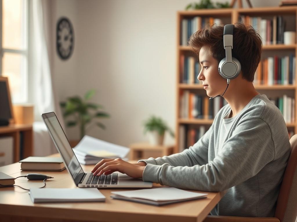 A student participating in a virtual learning session from home, seated at a desk with a laptop open in front of them. The room is cozy and well-organized, with bookshelves in the background. The student is wearing headphones, fully engaged in the online class, with a notepad beside them. Soft lighting creates a peaceful ambiance, highlighting the balance between study and comfort.