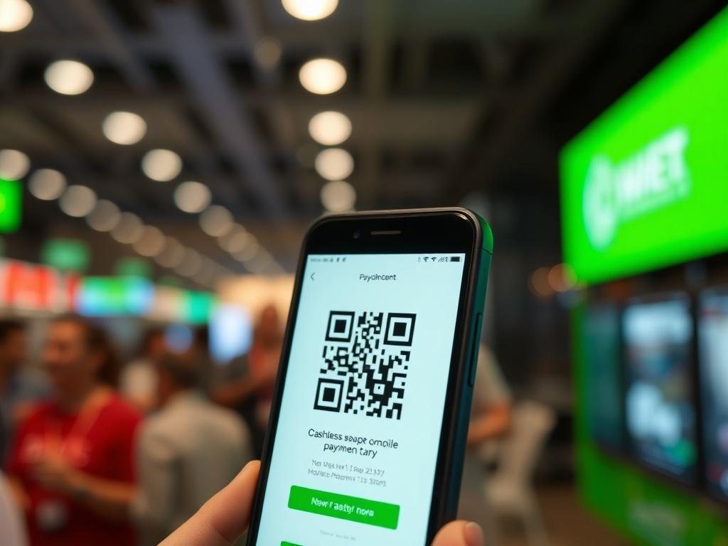 A close-up shot of a smartphone displaying a QR code for mobile payment, with a blurred background of a bustling event. The image should capture the excitement of a cashless payment experience, highlighting the smartphone's screen and the QR code. The colors should include vibrant green (rgb(50, 170, 39)) to reflect the brand's identity.