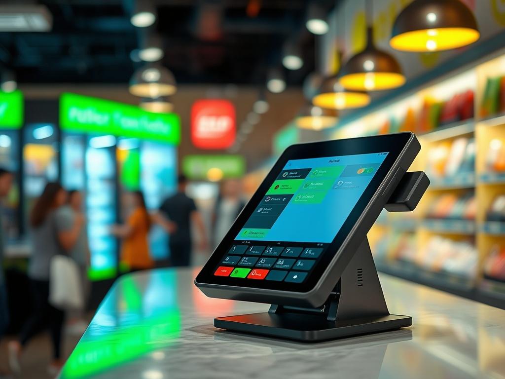 A hyper-realistic close-up of a modern point-of-sale terminal on a counter, with the screen displaying a payment processing interface. The background should show a busy retail environment, emphasizing the terminal's practicality. Use vibrant green (rgb(50, 170, 39)) in the composition to align with the brand's aesthetics.