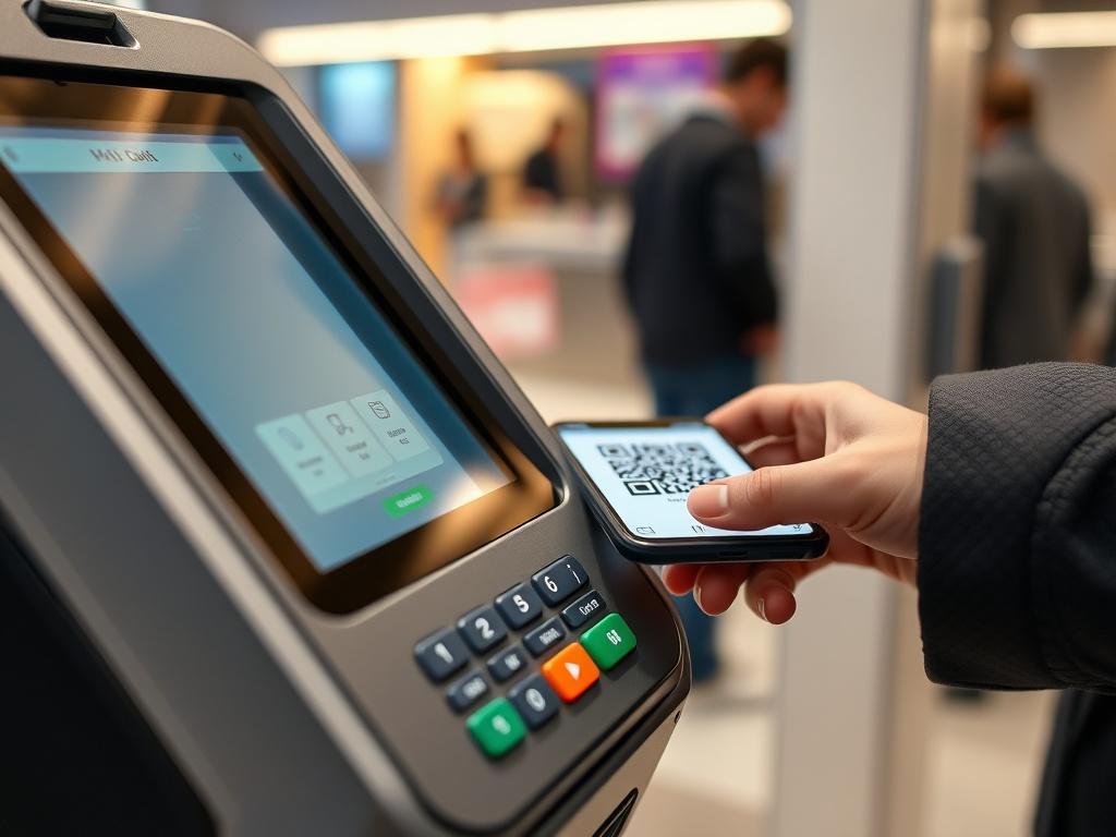 A close up shot of a modern cashless payment terminal