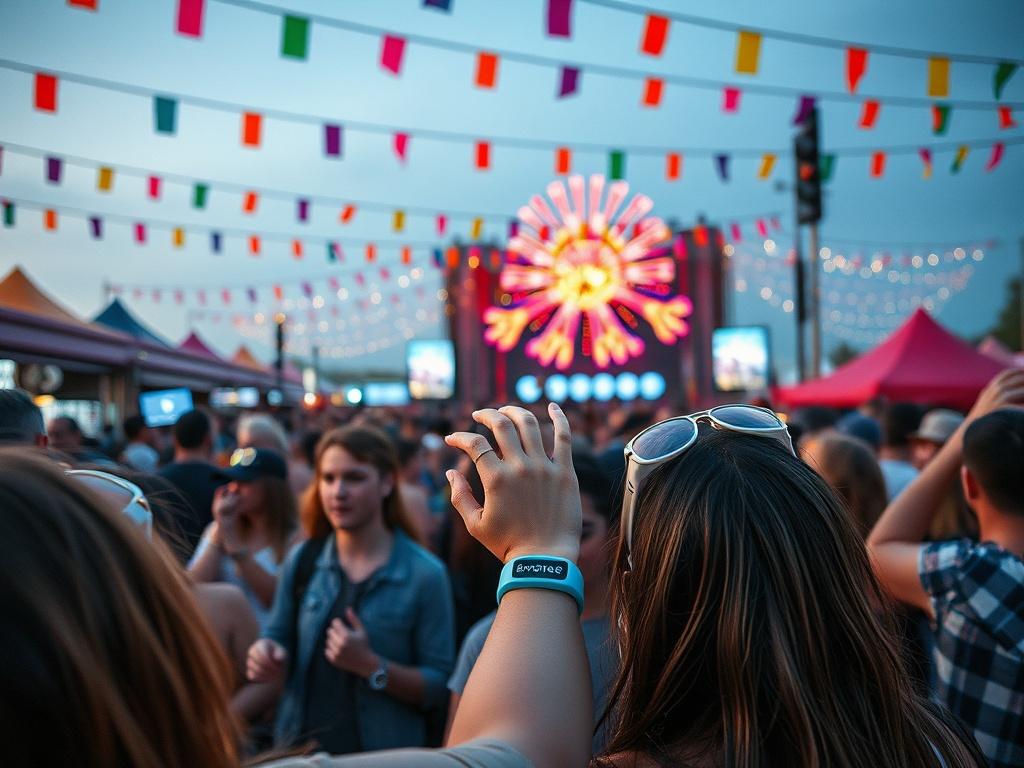 A close up shot of a vibrant outdoor music festival