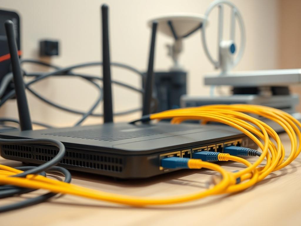 A close-up shot of a modern networking setup featuring Ethernet cables, a WiFi router, and radio frequency equipment. The background should be simple and unobtrusive, focusing on the technology elements. The image should be hyper-realistic, with vibrant colors, especially highlighting the rgb(50, 170, 39) primary color. The composition should have a clean and professional look, showcasing the advanced technology used in network infrastructure.