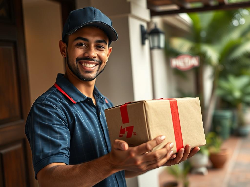 A high-resolution close-up shot of a delivery package being handed over on a doorstep in Oliveira, Brasil. The delivery person is wearing a uniform and smiling, with the package prominently displayed, showcasing the service's reliability. The background features a cozy residential area.