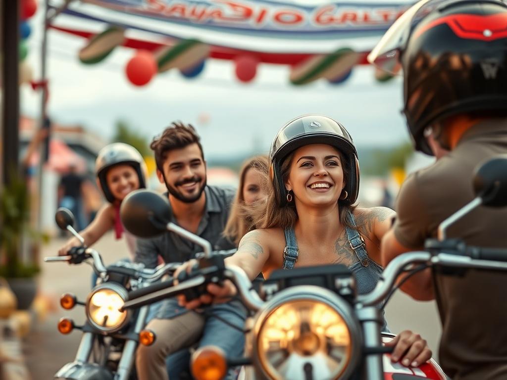 A high-resolution close-up shot of a group of friends getting into a motorcycle with smiles, ready to depart for an event in Oliveira, Brasil. The background shows a festive atmosphere with balloons and decorations.