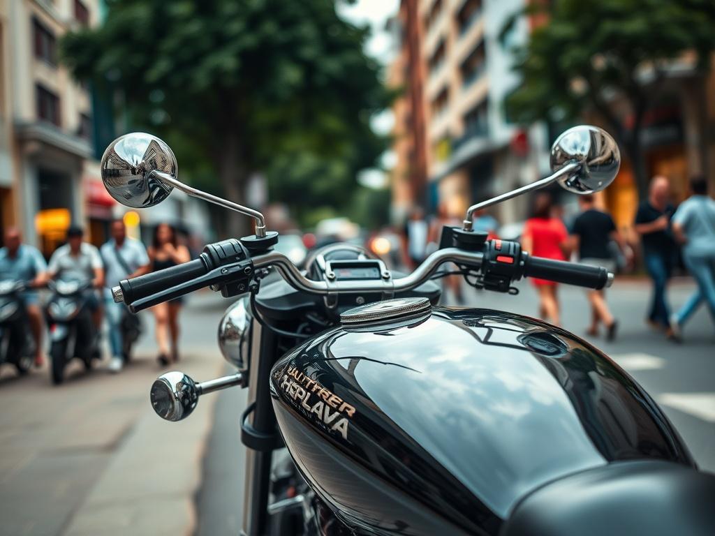 A high-resolution close-up shot of a motorcycle parked on a busy street in Oliveira, Brasil. The motorcycle is shiny and well-maintained, with a focus on its details. In the background, blurred people walking and buildings of the city are visible, creating an urban atmosphere.