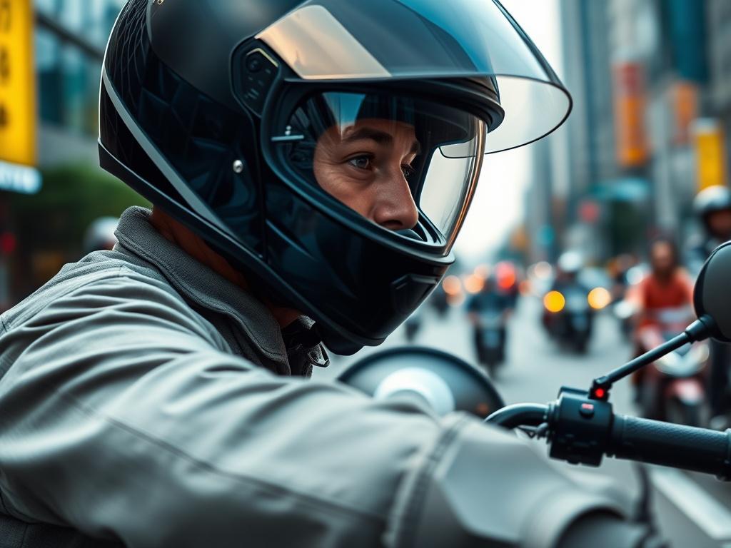A close-up shot of a mototáxi in motion on a busy street, showcasing a skilled driver wearing a helmet, with a vibrant city background. The image should focus on the driver's concentration and determination, capturing the essence of speed and safety. Use a hyper-realistic style, shot with a 45mm f/1.2 lens, emphasizing the bright and dynamic environment around.