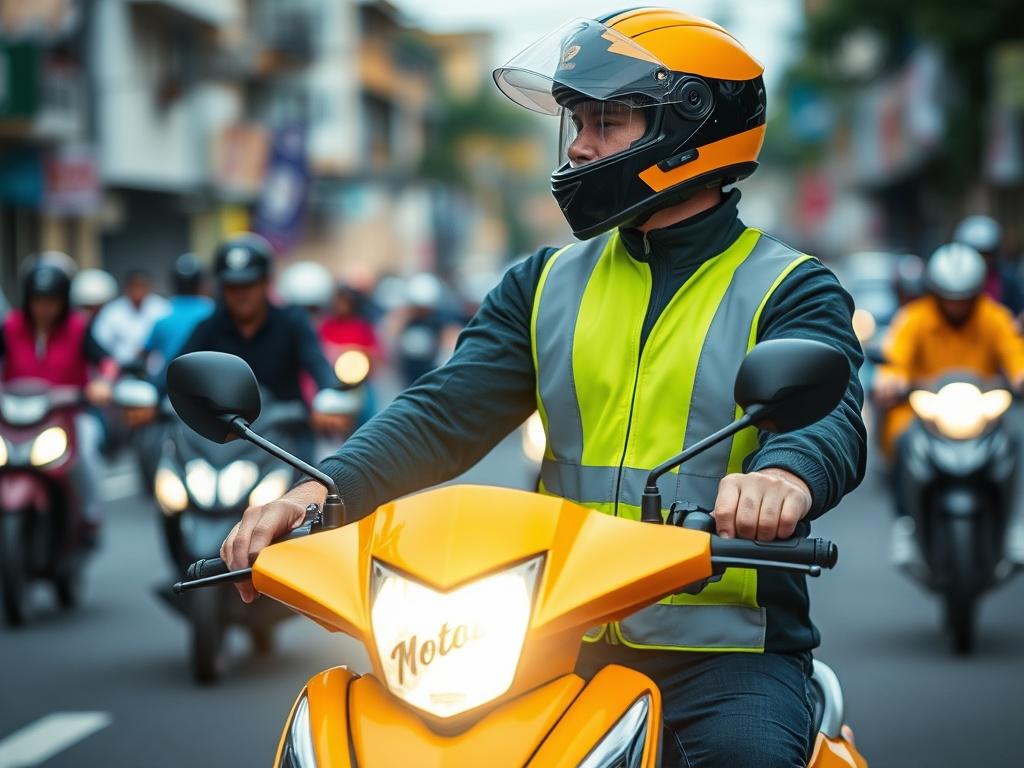 A realistic high-resolution photo of a mototáxi rider in Oliveira, Brasil, wearing a helmet and a reflective jacket, sitting on a bright motorcycle. The background features a busy street scene, showcasing the vibrant culture of Brazil. The focus should be on the rider, capturing the essence of reliability and speed in transportation.