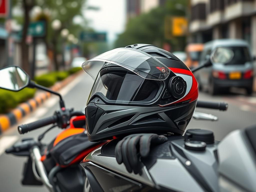 A high resolution close up of a motorbike helmet placed