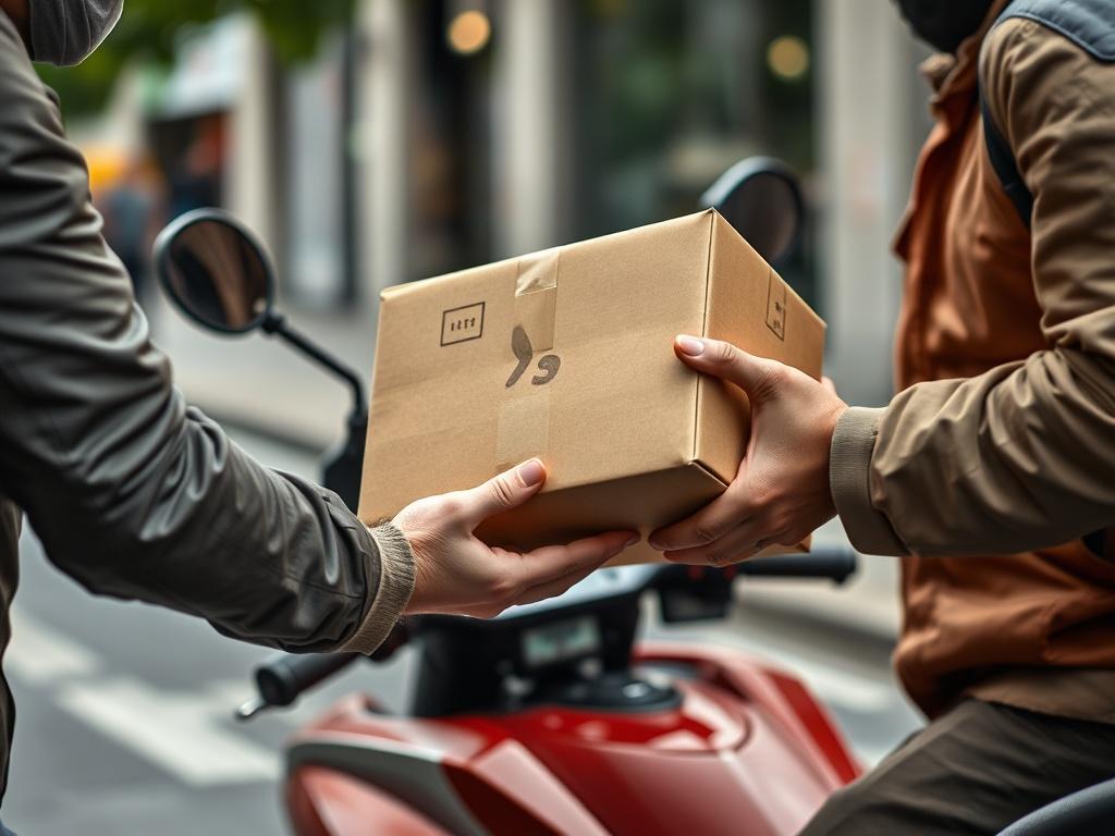 A close up shot of a delivery package being handed