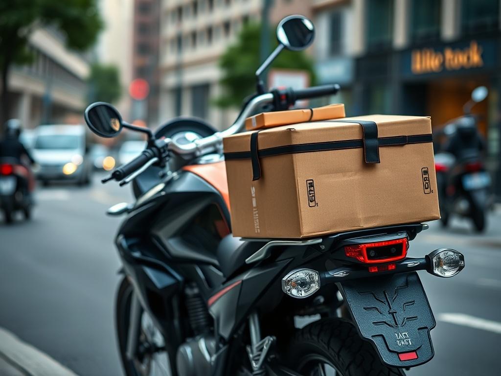 A close up image of a motorcycle with delivery boxes