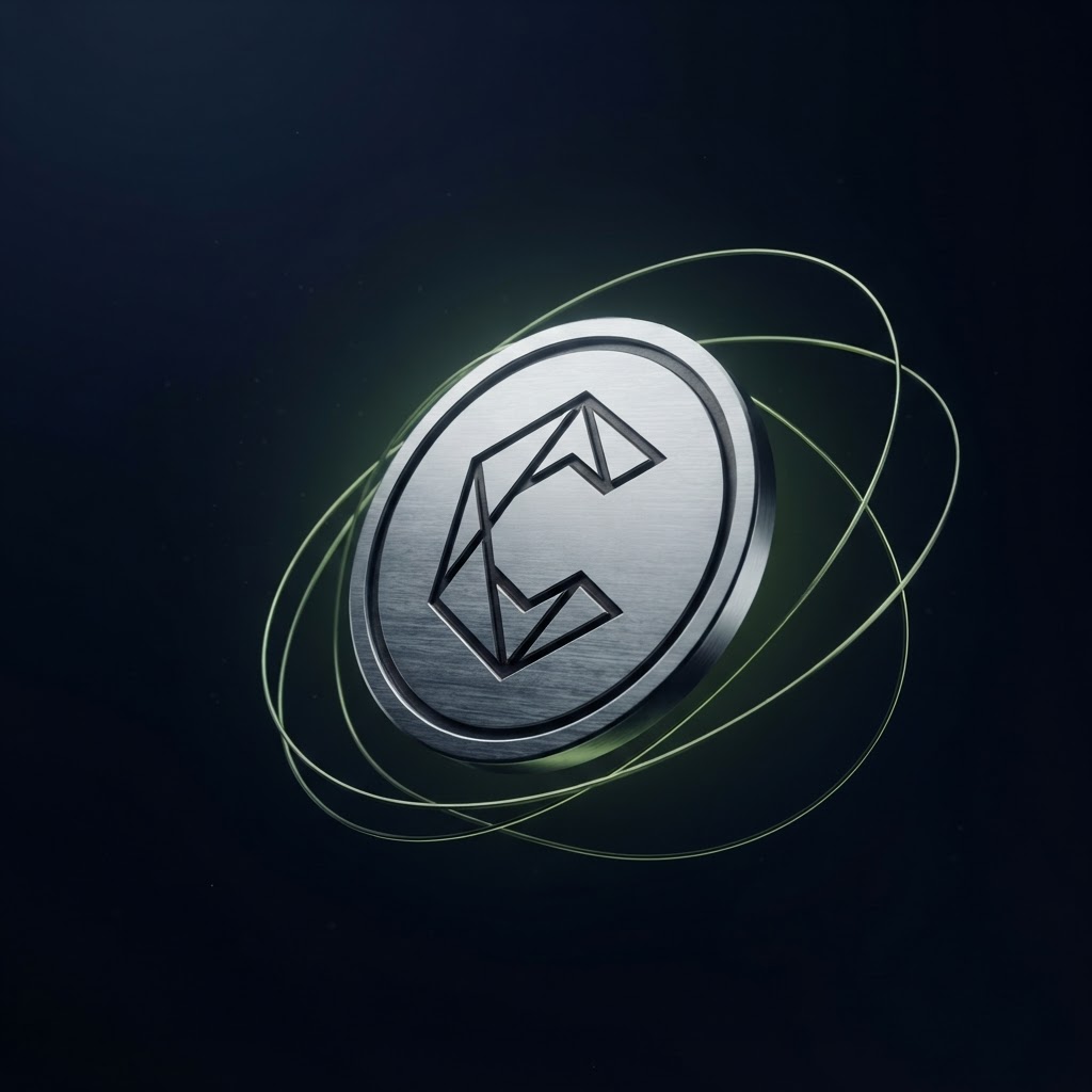 A sculptural silver coin suspended in a dark, luminous orbit