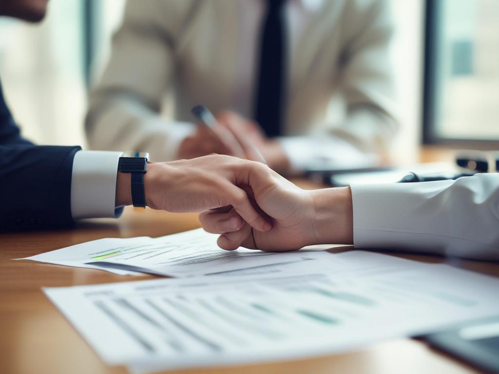 close-up shot of a financial planner reviewing insurance options with a client, hyper-realistic, shot with a 45mm f/1.2 lens, simple office background