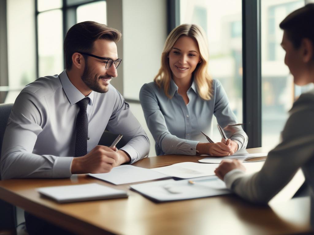 close-up shot of a family office advisor meeting with a high-net-worth client, hyper-realistic, shot with a 45mm f/1.2 lens, elegant office background