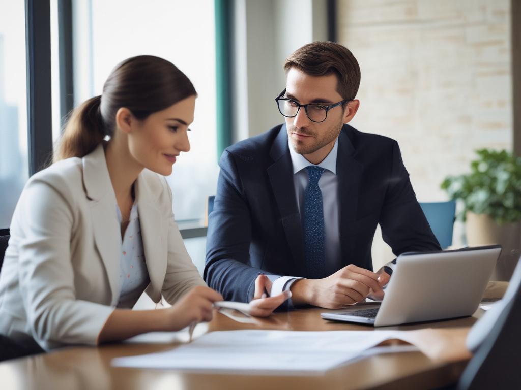 close-up shot of a financial planner reviewing insurance options with a client, hyper-realistic, shot with a 45mm f/1.2 lens style, rgb(2, 86, 197) background