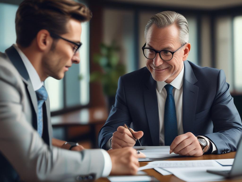 close-up shot of a financial advisor discussing investment options with a client, hyper-realistic, shot with a 45mm f/1.2 lens style, rgb(2, 86, 197) background