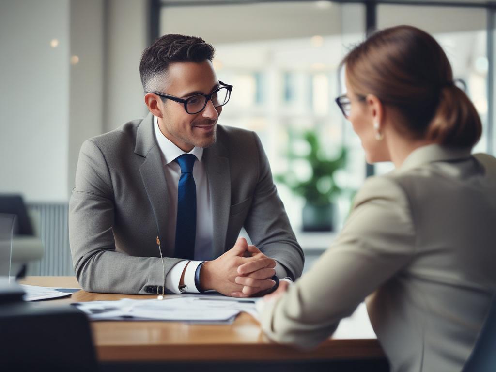close-up shot of an insurance broker explaining coverage options to a client, modern office environment, natural light, hyper-realistic, 45mm f/1.2 lens