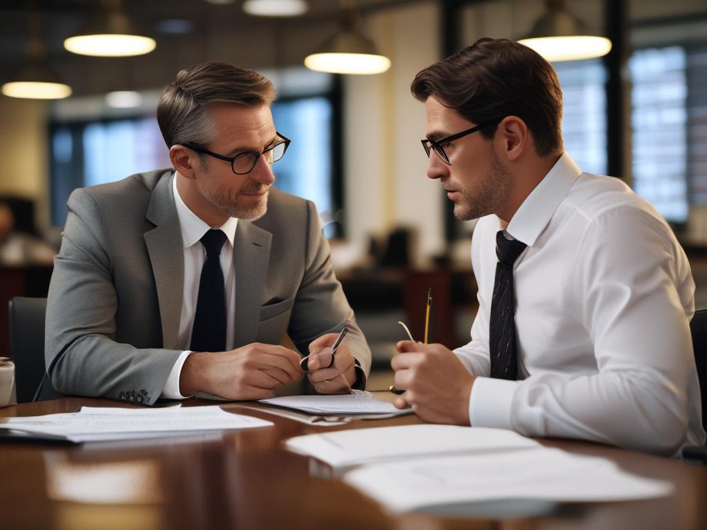 close-up shot of a financial advisor discussing investments with a client, modern office setting, warm lighting, hyper-realistic, 45mm f/1.2 lens