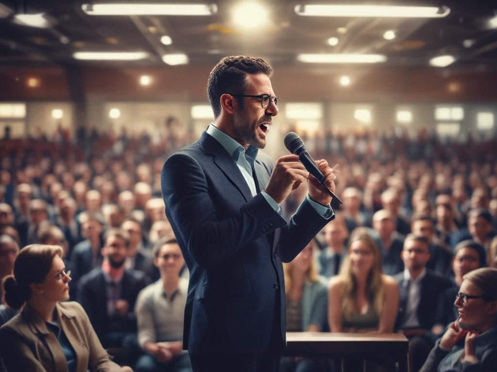 A close up shot of a motivational speaker engaging with
