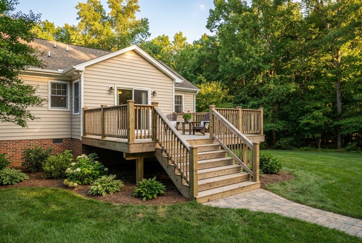 Completed backyard wood deck with railings