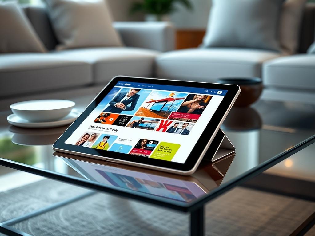 A hyper-realistic close-up shot of a tablet showcasing a vibrant and interactive website interface. The tablet rests on a stylish coffee table surrounded by a modern living space. The background should be softly blurred, emphasizing the tablet and its colorful design, while incorporating the blue, white, and black color scheme.