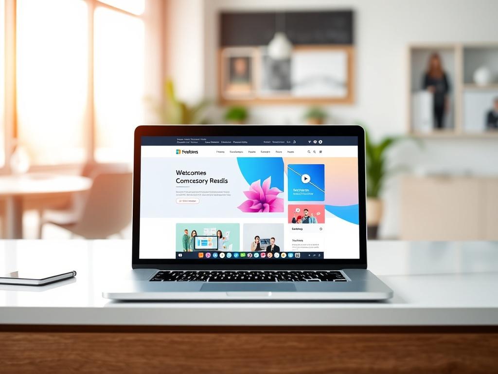 A hyper-realistic close-up shot of a modern laptop displaying a colorful website design on its screen. The laptop sits on a clean, minimalist desk with a soft-focus background of an office space. The overall color scheme should incorporate shades of blue, white, and black, reflecting a professional and modern aesthetic.