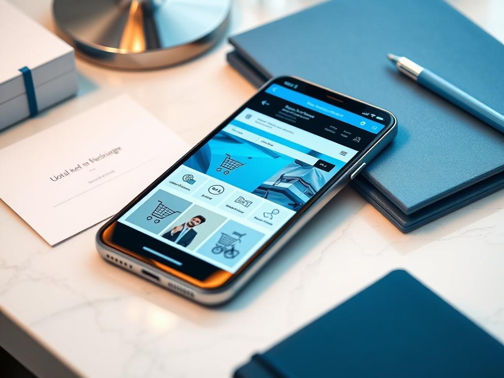 A hyper-realistic close-up shot of a smartphone displaying a sleek e-commerce website. The phone is placed on a chic desk with elegant stationery in the background. The design should highlight the vibrant website colors, maintaining a professional look with blue, white, and black tones.