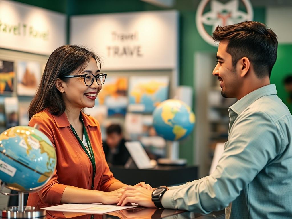 A realistic high resolution of a travel agent helping a