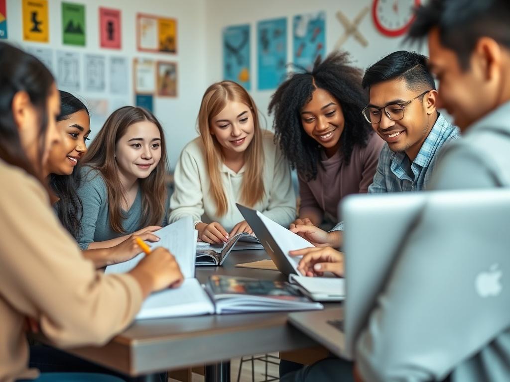 A close-up shot of a diverse group of students engaged in a collaborative learning environment. They are gathered around a table filled with books and laptops, discussing and sharing ideas. The background is bright and welcoming, with educational posters on the walls. The image conveys a sense of teamwork and enthusiasm for learning, shot with a 45mm f/1.2 lens style, focused and hyper-realistic.