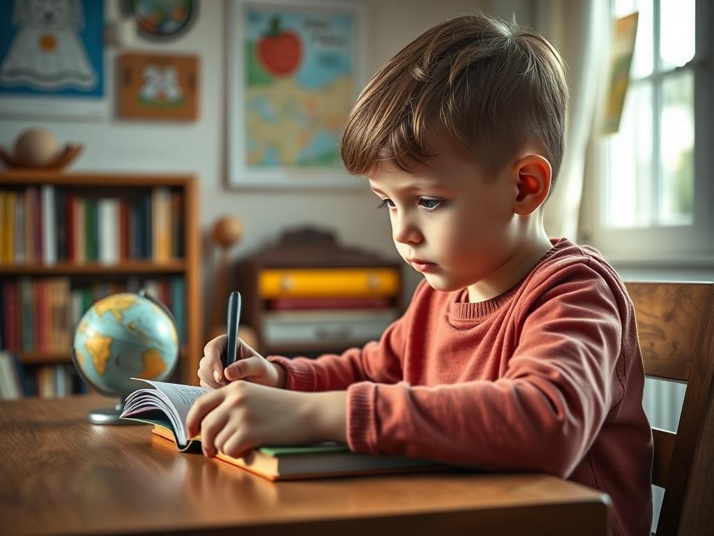 Create a realistic high-resolution photo featuring a focused and engaged young child, around 8 years old, deeply immersed in learning. The child should be seated at a cozy wooden desk in a well-lit, inviting home study environment. Ensure the child has a look of curiosity and concentration, possibly holding an open book or writing in a notebook, showcasing their active participation in their education.

The background should be softly blurred to draw attention to the child, but subtly include elements that 