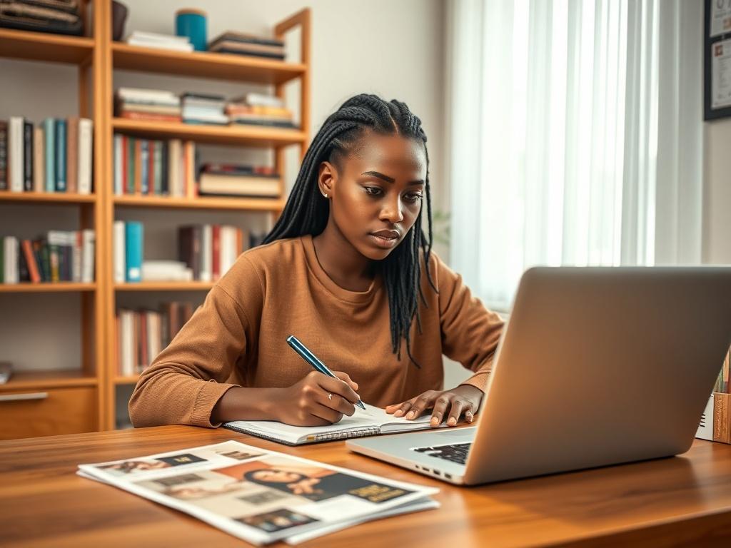 **AI Image Generation Prompt:**

Create a highly detailed, realistic high-resolution photo that visually represents the blog titled "Navigating University Admissions: Your Ultimate Guide." 

**Composition:** The image should have a simple and clear composition, featuring one subject prominently in the frame. Position the subject slightly off-center to create a visually appealing perspective.

**Subject Matter:** The focal point of the image should be a confident, diverse young adult (preferably of East Afri