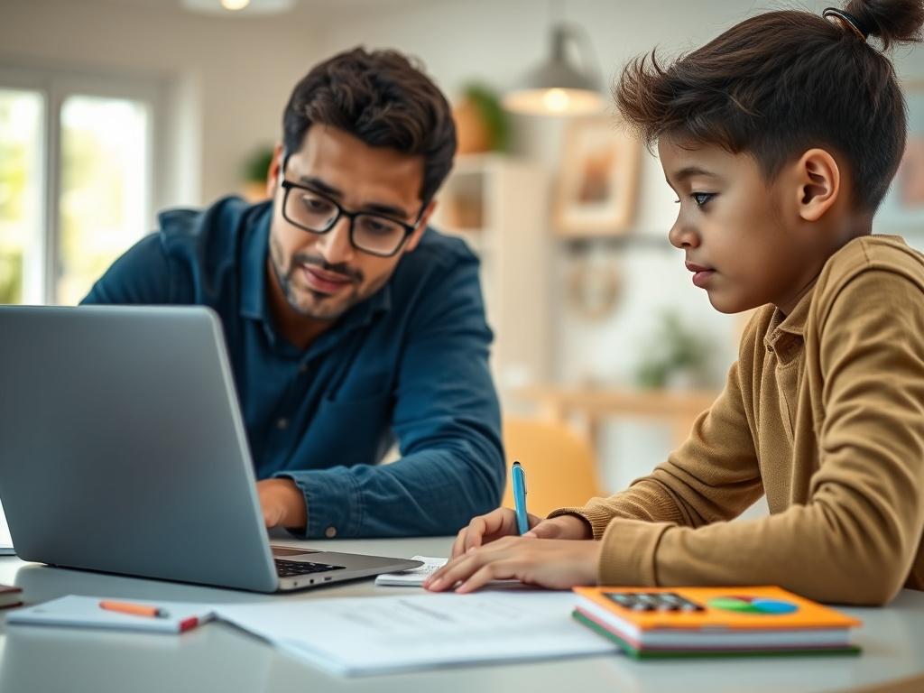 A close-up of a tutor and student engaged in a focused online learning session, with a laptop and educational materials on the table. The environment is bright and inviting, showcasing a productive and supportive learning atmosphere.