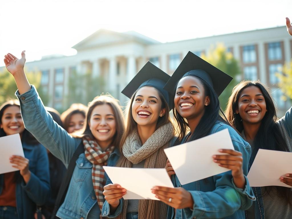 A high-resolution image of a diverse group of students celebrating their university acceptance letters outdoors, with a university building in the background. The sunlight illuminates their joyful expressions, symbolizing success and achievement.