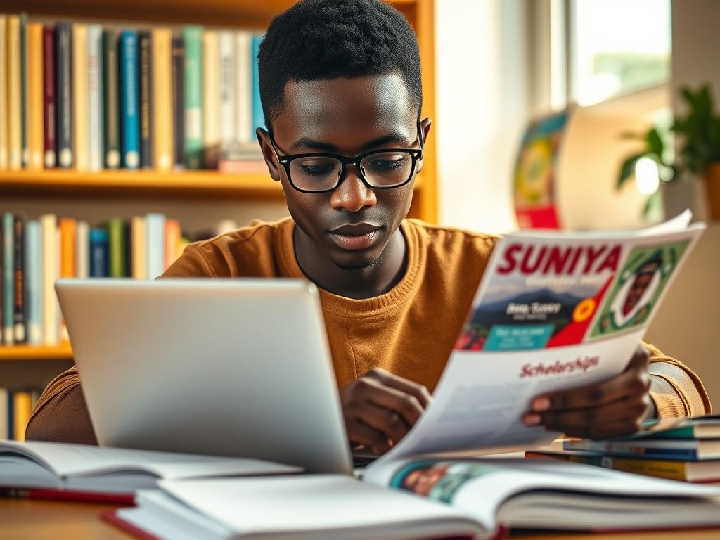 A close-up shot of a Kenyan student studying with a laptop open, surrounded by scholarship brochures and notes, in a bright, inspiring study environment. The background features a bookshelf filled with educational materials. The lighting is warm and inviting, showcasing a sense of determination and focus.