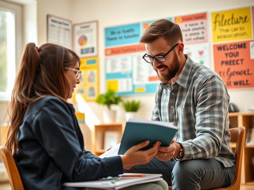 A professional tutor engaging in a vibrant tutoring session with a student in a bright, welcoming room. The tutor is using interactive materials, and the student appears engaged and inspired. The background showcases a wall of educational charts and motivational quotes.