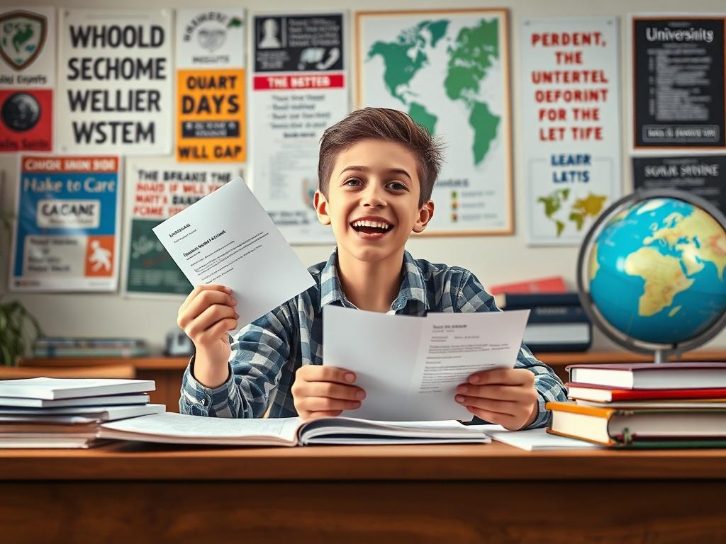 An enthusiastic student receiving acceptance letters from various universities while sitting at a desk filled with study materials. The background includes motivational posters and a globe, symbolizing global educational opportunities. The scene conveys excitement and hope for the future.