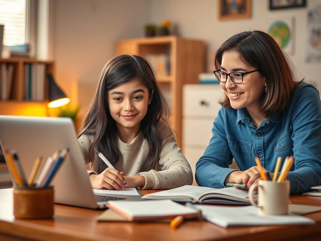 A cozy home study environment featuring a focused student engaged in online learning with a friendly tutor. The setting includes a desk with educational materials, a laptop, and warm lighting. The atmosphere is inviting and supportive, reflecting a positive homeschooling experience.
