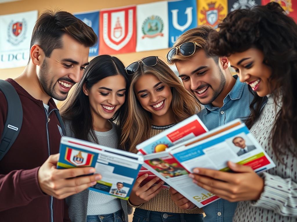 A close-up shot of a diverse group of students, looking excited and engaged as they review university brochures together. The background showcases university logos and colorful brochures scattered around. The image has a warm and welcoming atmosphere, highlighting the importance of university placements. The lighting is bright and inviting, with a focus on the students' expressions. The overall color palette includes vibrant reds and blues, creating an energizing feel.