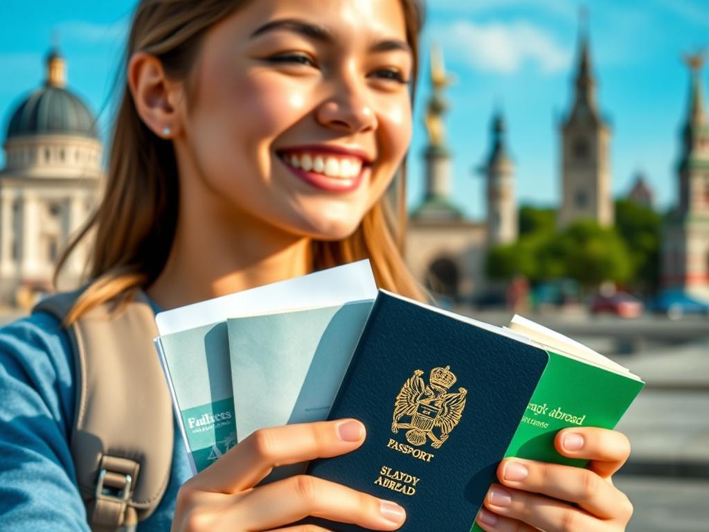 A captivating close-up of a student holding a passport and travel documents, smiling with excitement about their upcoming study abroad adventure. In the blurred background, iconic landmarks from different countries subtly hint at various study destinations. The image conveys a sense of adventure and anticipation, with bright colors like blue and green symbolizing hope and opportunity.