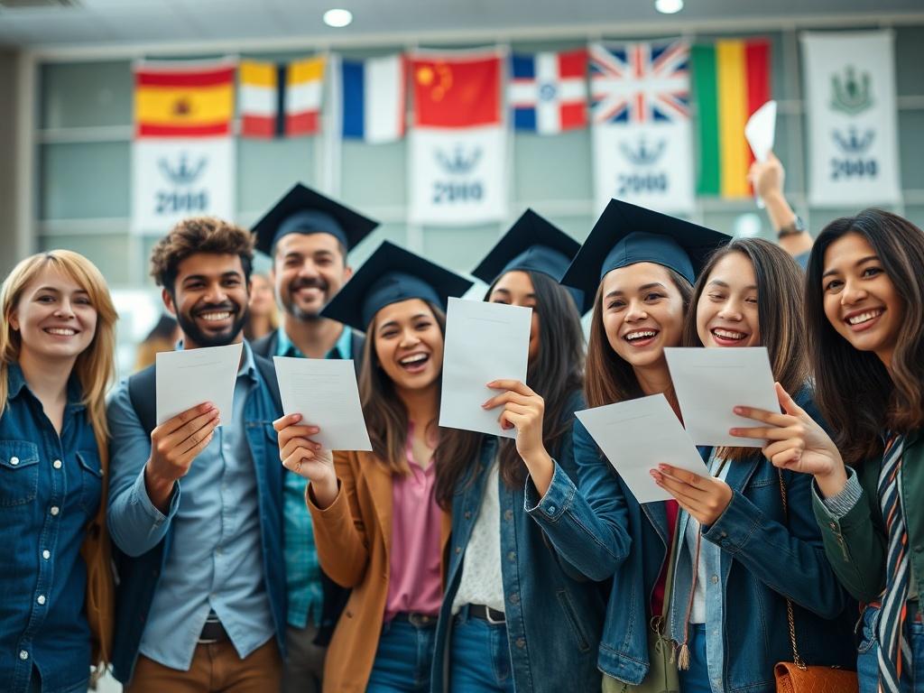 A vibrant image of a group of diverse students celebrating their acceptance letters in a university setting, showcasing excitement and joy. The background features international flags and university banners. The composition is lively, highlighting the camaraderie and enthusiasm among students. The lighting is bright, conveying a sense of achievement and global connection.