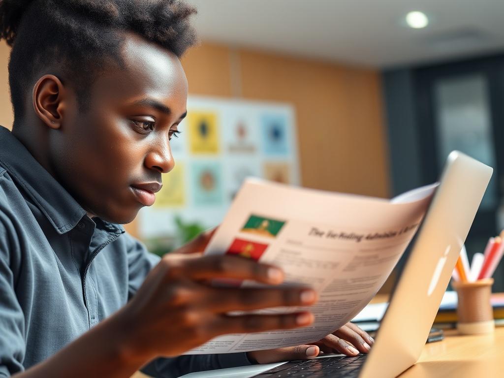 A close-up shot of a Kenyan student in a university setting, engaging with a laptop. The student is reviewing university admission materials with a focused expression. The background includes elements like university brochures and a desk with academic tools. The lighting is bright and inviting, showcasing a modern educational environment. The image should evoke a sense of motivation and success.