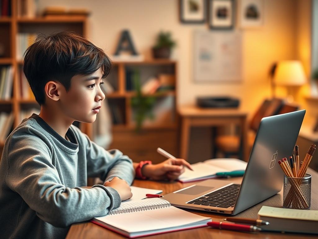 A close-up shot of a student engaged in an online tutoring session, sitting at a desk with a laptop, notebooks, and stationery. The background should be a cozy study area with warm lighting, creating an inviting atmosphere for learning.