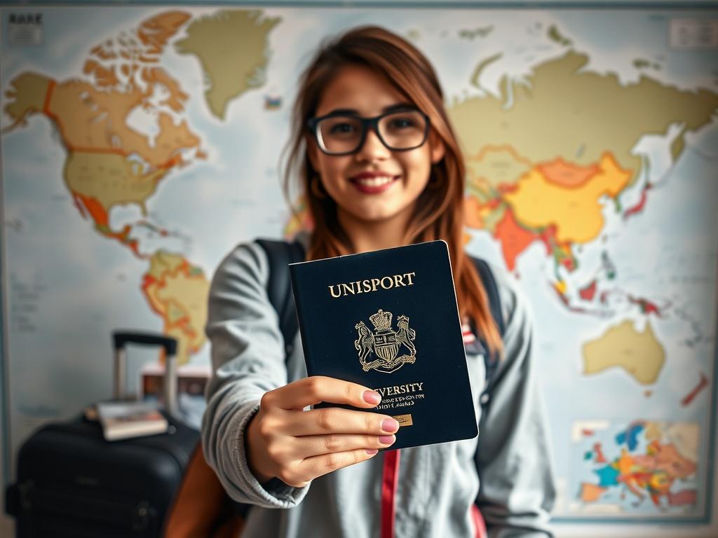 A close-up shot of a student holding a passport and university acceptance letter, standing in front of a world map. The background features travel-related items like a suitcase and travel guides, creating a sense of adventure and readiness for study abroad.