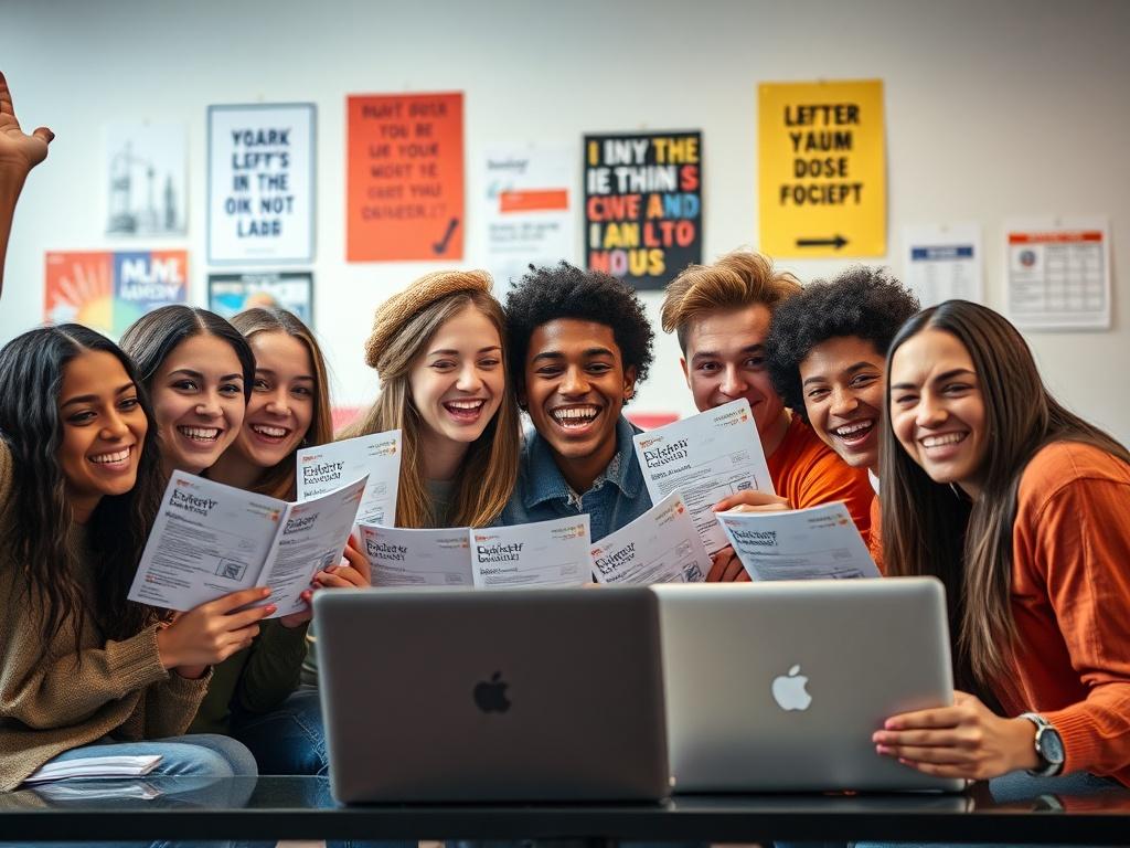 A close-up shot of a diverse group of students celebrating their university acceptance letters, surrounded by university brochures and a laptop. The background should be a bright, modern study space with motivational posters. The focus should be on the students' expressions of joy and excitement.