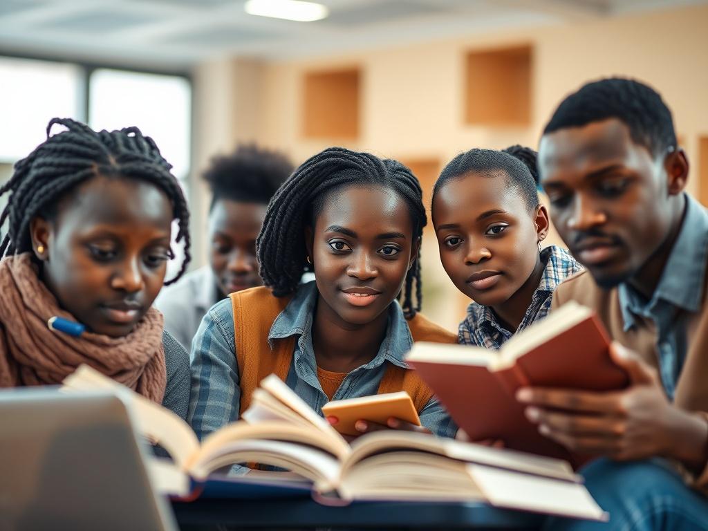 A close-up shot of a diverse group of Kenyan students engaged in a study session, surrounded by books and laptops. The setting is well-lit, emphasizing a collaborative and inspiring learning environment. The focus is on the expressions of determination and focus on their faces, capturing the essence of education and aspiration. The background features soft, blurred elements of a modern educational space, with colors aligning with a professional palette.